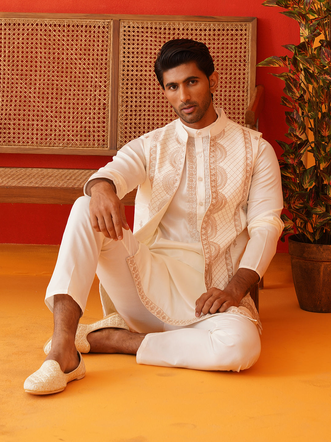 DesiQlo Men Embroidered Nehru Jacket and Kurta Pyjama S - JO whit 2