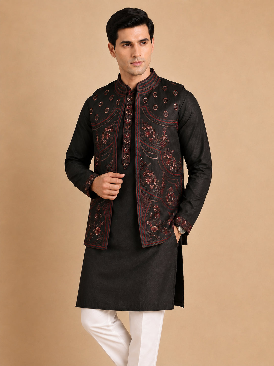 DesiQlo Men Embroidered Nehru Jacket and Kurta Pyjama S - JO 4black
