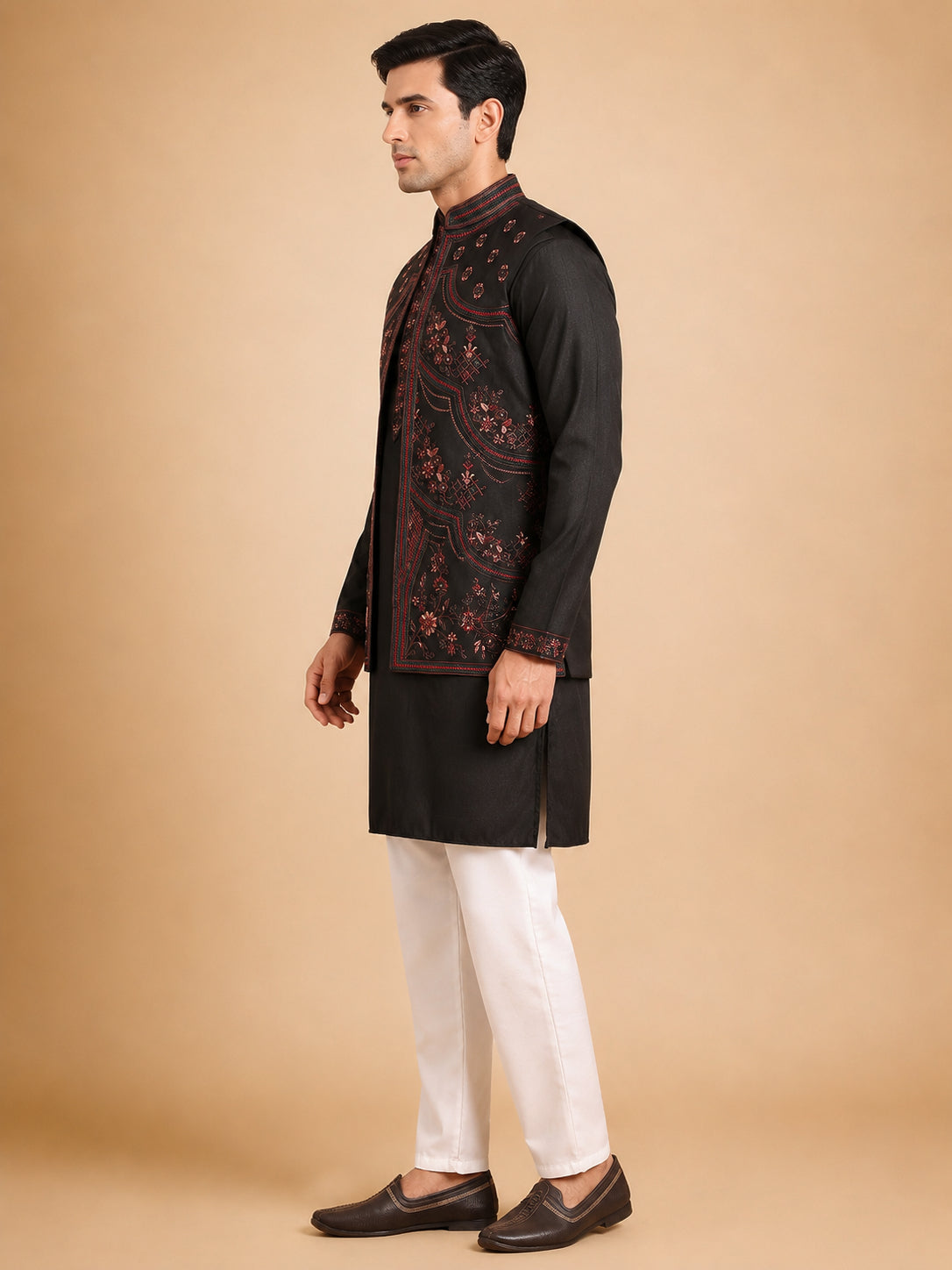DesiQlo Men Embroidered Nehru Jacket and Kurta Pyjama S - JO 4black