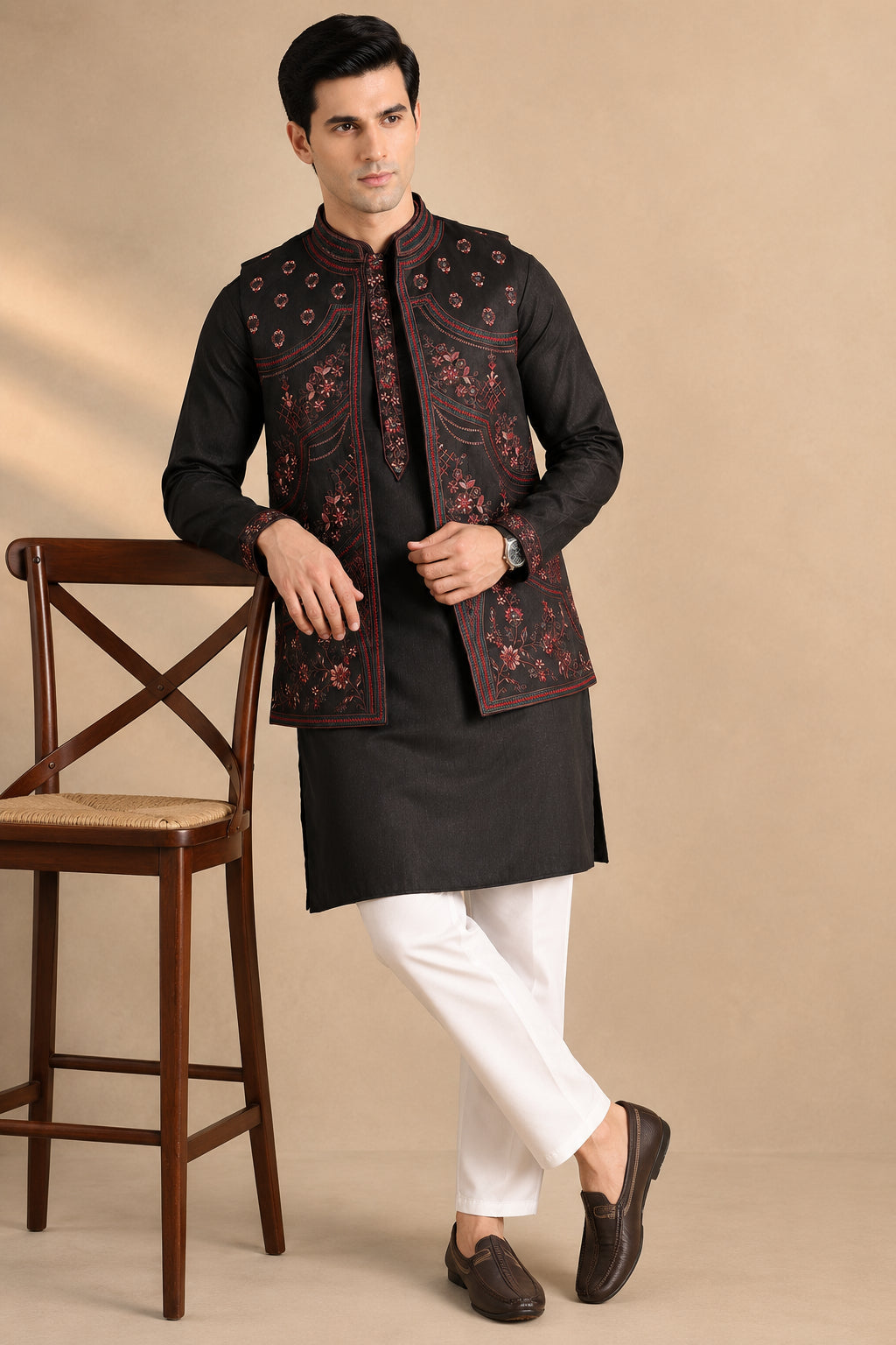 DesiQlo Men Embroidered Nehru Jacket and Kurta Pyjama S - JO 4black