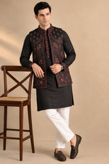 Embroidered Waistcoat and Kurta Pyjama For Men ( JOKPWCS W 5114Black )