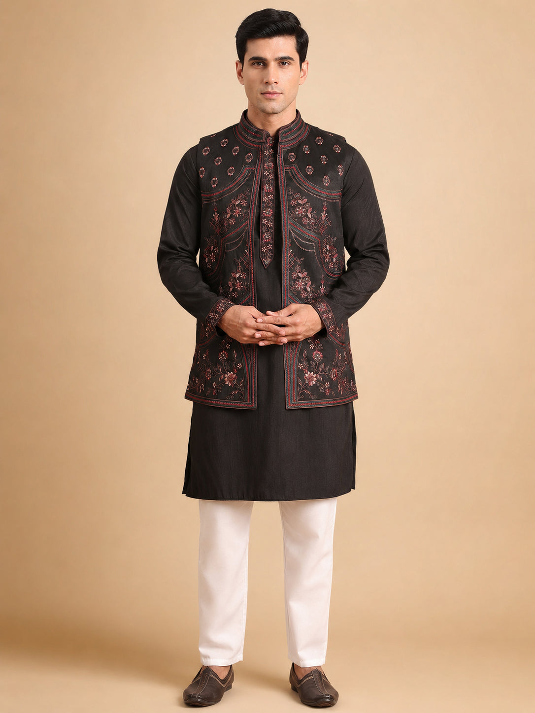 DesiQlo Men Embroidered Nehru Jacket and Kurta Pyjama S - JO 4black