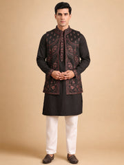 Embroidered Waistcoat and Kurta Pyjama For Men ( JOKPWCS W 5114Black )