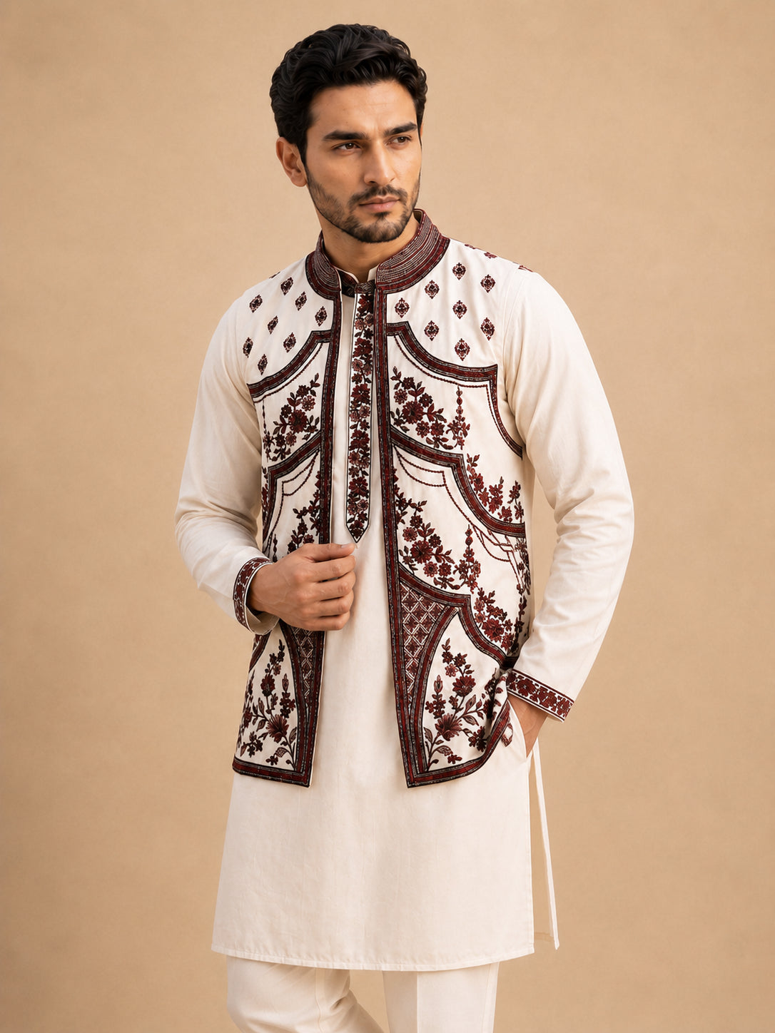 Embroidered Waistcoat and Kurta Pyjama For Men ( JOKPWCS W 5114White )