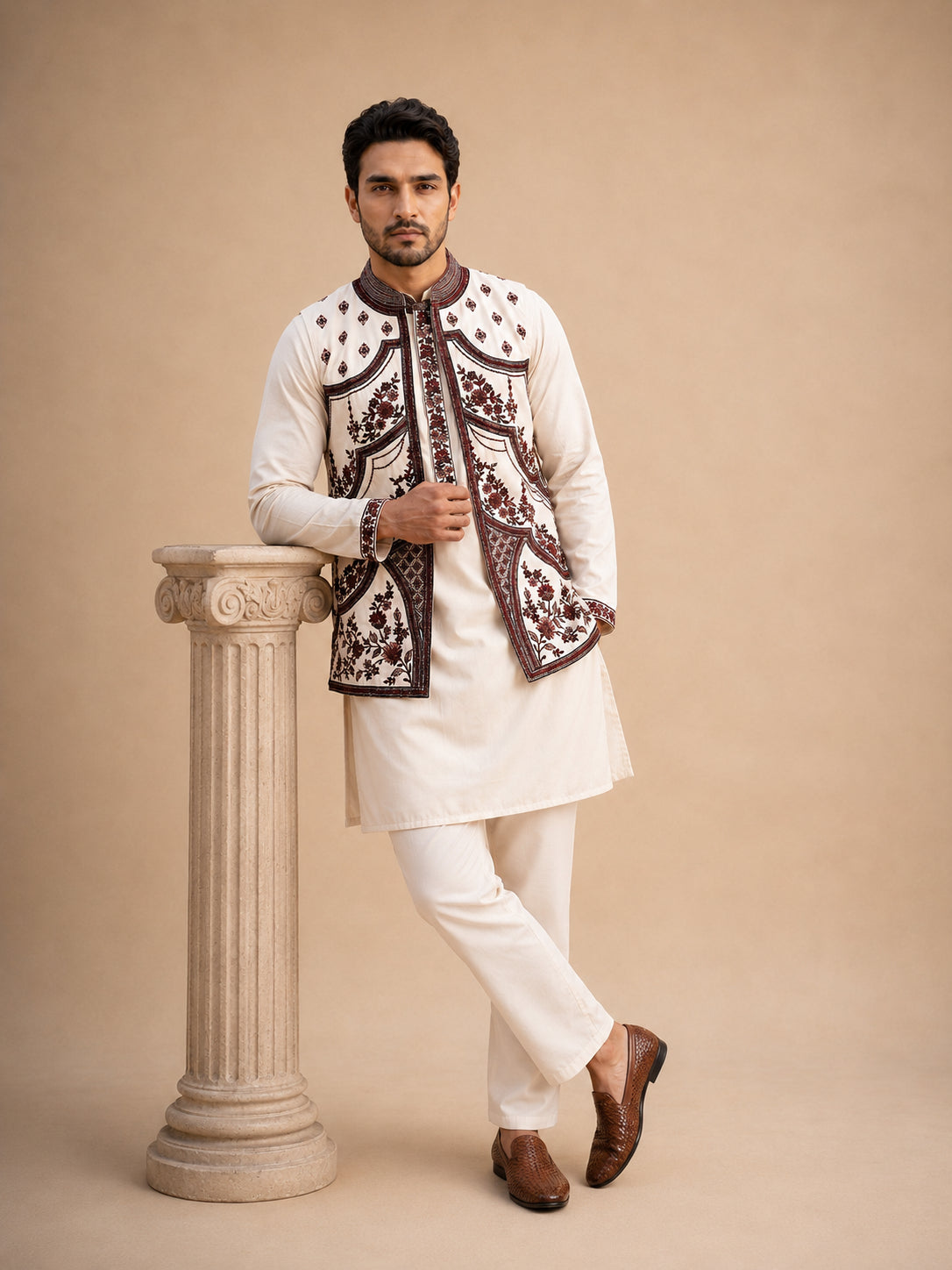 DesiQlo Men Embroidered Nehru Jacket and Kurta Pyjama S - JO 4white