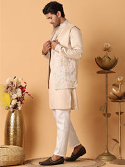 Embroidered Waistcoat and Kurta Pyjama For Men ( JOKPWCS 5115Cream ) [FF] [A-7-8]