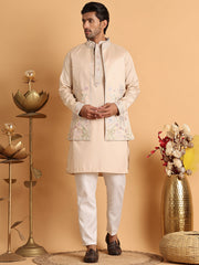 Embroidered Waistcoat and Kurta Pyjama For Men ( JOKPWCS 5115Cream ) [FF] [A-7-8]