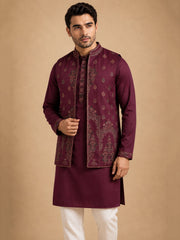 Embroidered Waistcoat & Solid Kurta Pyjama For Men ( JOKPWCS W 5139Purple )
