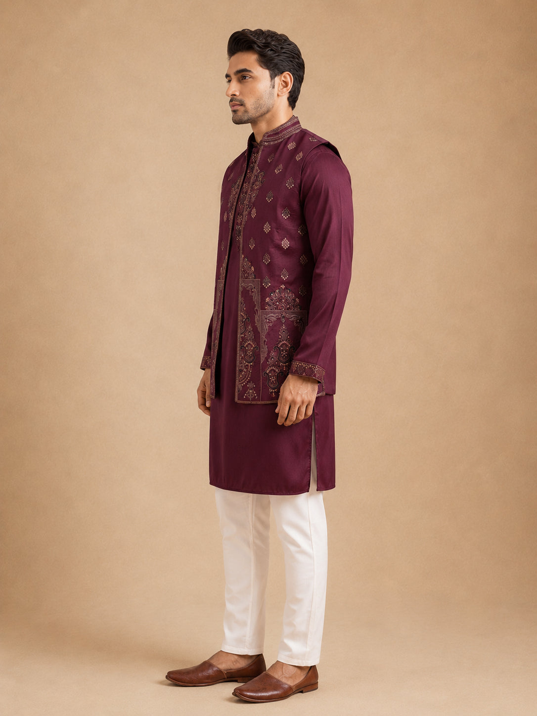 DesiQlo Men Embroidered Nehru Jacket and Kurta Pyjama S - JO purple