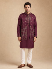 Embroidered Waistcoat & Solid Kurta Pyjama For Men ( JOKPWCS W 5139Purple )