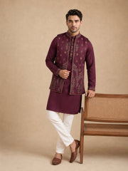 Embroidered Waistcoat & Solid Kurta Pyjama For Men ( JOKPWCS W 5139Purple )