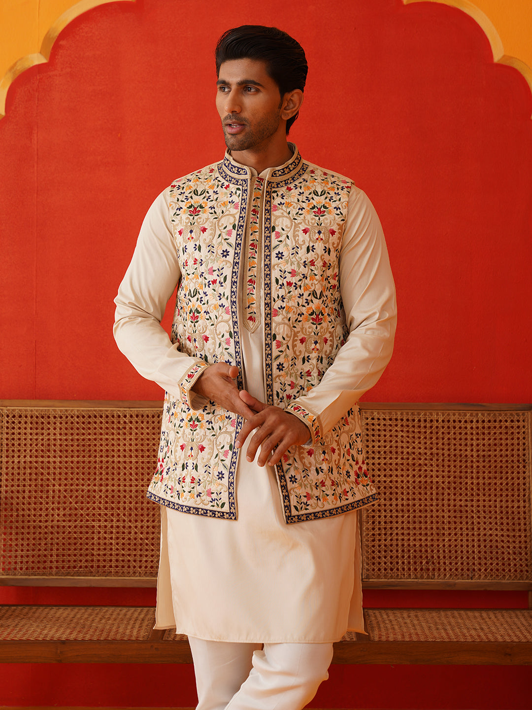 DesiQlo Men Embroidered Nehru Jacket and Kurta Pyjama S - JOKPWCS_5143
