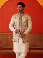 Embroidered Waistcoat & Solid Kurta Pyjama For Men ( JOKPWCS 5143Cream ) [FF] [D-7-8]