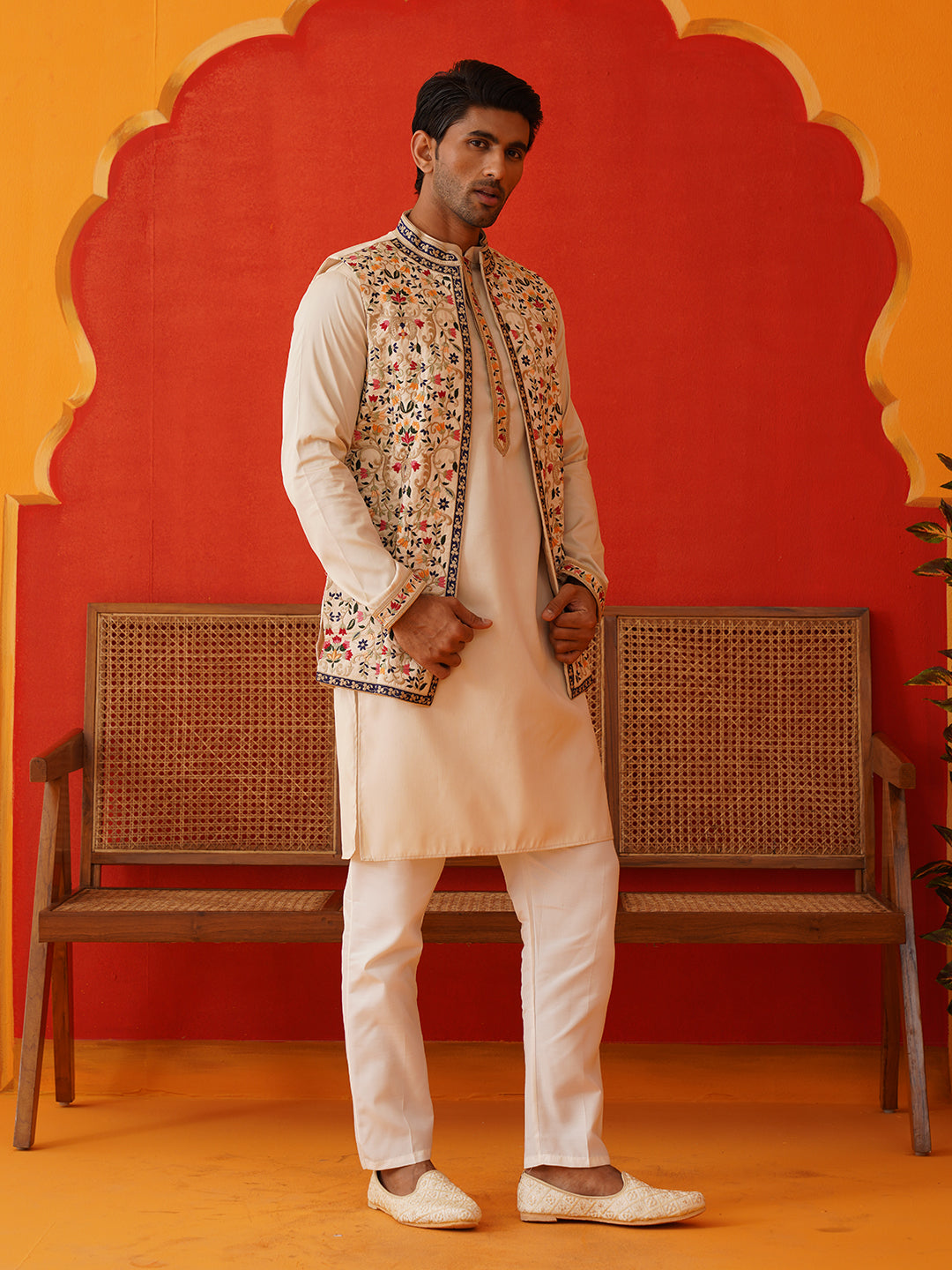 DesiQlo Men Embroidered Nehru Jacket and Kurta Pyjama S - JOKPWCS_5143