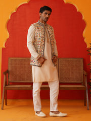 Embroidered Waistcoat & Solid Kurta Pyjama For Men ( JOKPWCS 5143Cream ) [FF] [D-7-8]