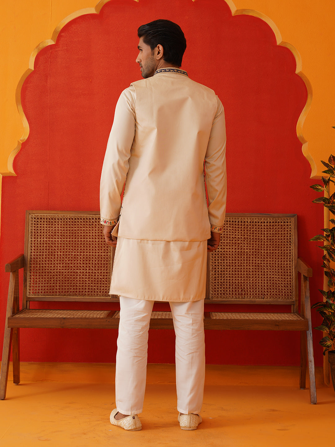 DesiQlo Men Embroidered Nehru Jacket and Kurta Pyjama S - JOKPWCS_5143
