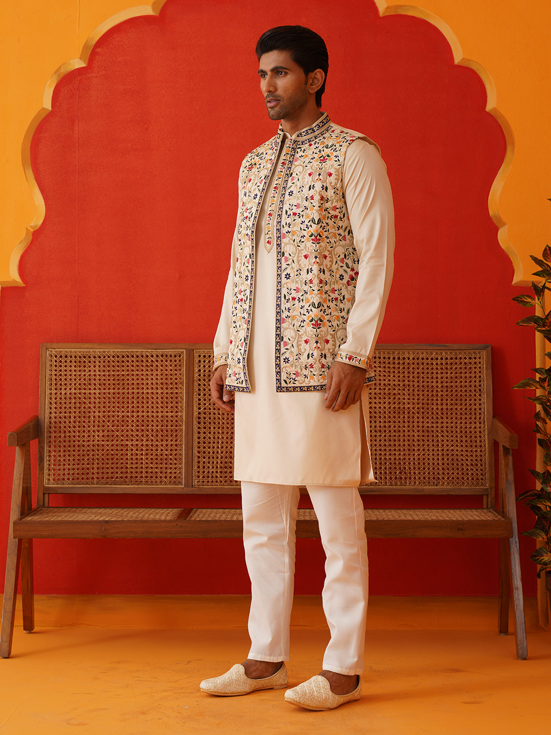 DesiQlo Men Embroidered Nehru Jacket and Kurta Pyjama S - JOKPWCS_5143