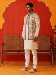 Embroidered Waistcoat & Solid Kurta Pyjama For Men ( JOKPWCS 5143Cream ) [FF] [D-7-8]