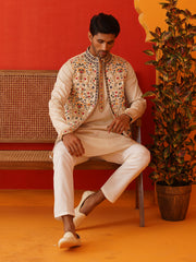Embroidered Waistcoat & Solid Kurta Pyjama For Men ( JOKPWCS 5143Cream ) [FF] [D-7-8]