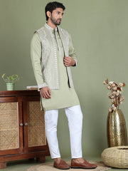 Embroidered Waistcoat and Kurta Pyjama For Men ( JOKPWCS 5164Pista ) [FF] [H-3]