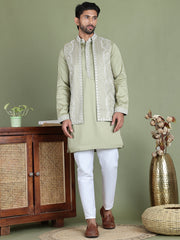 Embroidered Waistcoat and Kurta Pyjama For Men ( JOKPWCS 5164Pista ) [FF] [H-3]
