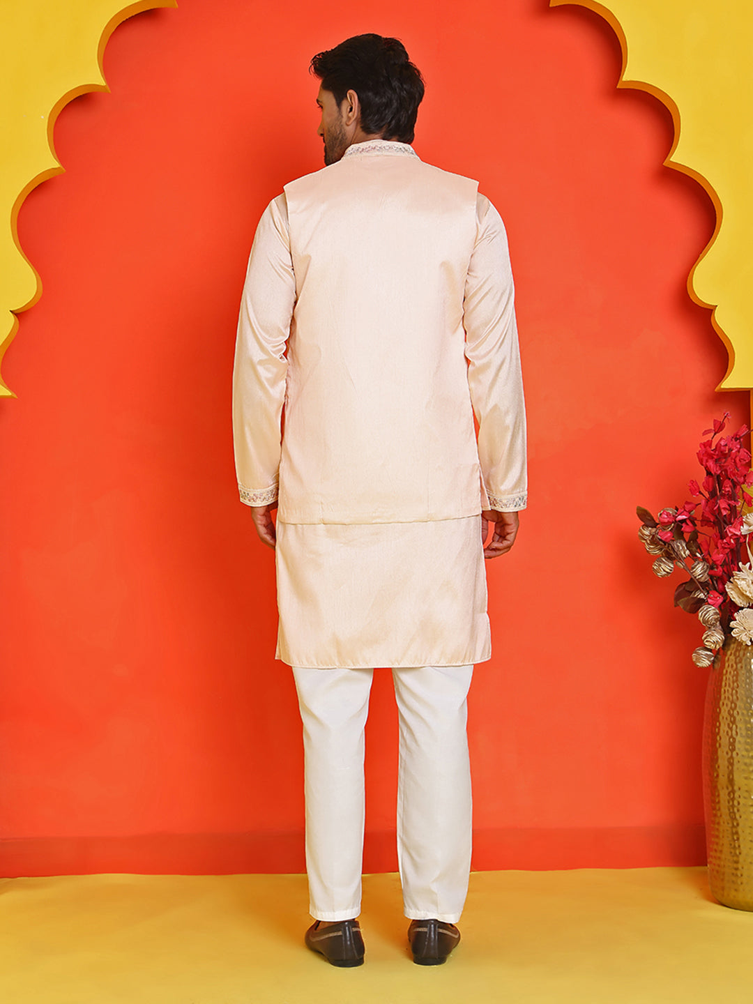 DesiQlo Men Embroidered Nehru Jacket and Kurta Pyjama S - JOKPWCS_5168