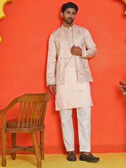 Embroidered Waistcoat and Kurta Pyjama For Men ( JOKPWCS 5168 Peach ) [FF] [N-1]