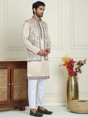 Embroidered Waistcoat & Solid Kurta Pyjama For Men ( JOKPWCS W 5206 Cream )