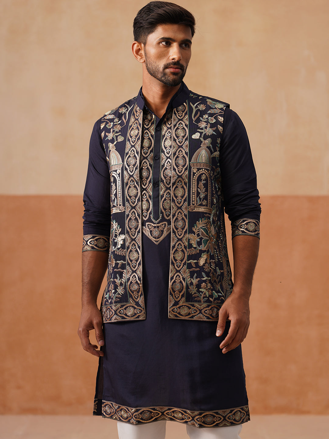 DesiQlo Men Embroidered Nehru Jacket and Kurta Pyjama S - JOKPWCS_5239