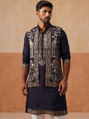 Embroidered Waistcoat and Kurta Pyjama For Men ( JOKPWCS 5239 Navy ) [FF] [F-5]