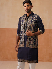 Embroidered Waistcoat and Kurta Pyjama For Men ( JOKPWCS 5239 Navy ) [FF] [F-5]