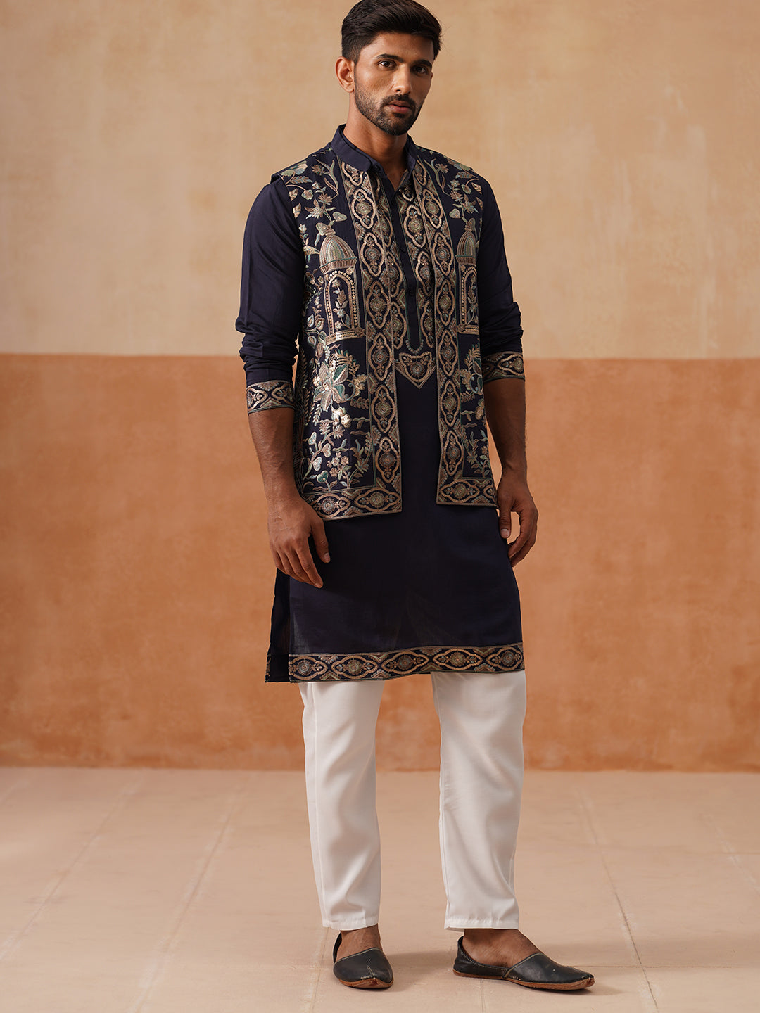 DesiQlo Men Embroidered Nehru Jacket and Kurta Pyjama S - JOKPWCS_5239
