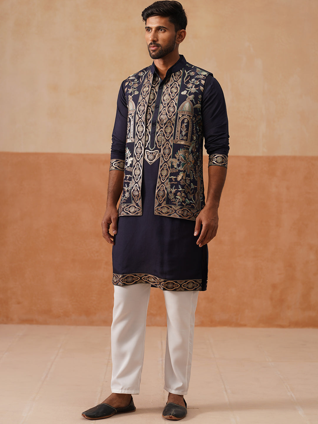 DesiQlo Men Embroidered Nehru Jacket and Kurta Pyjama S - JOKPWCS_5239