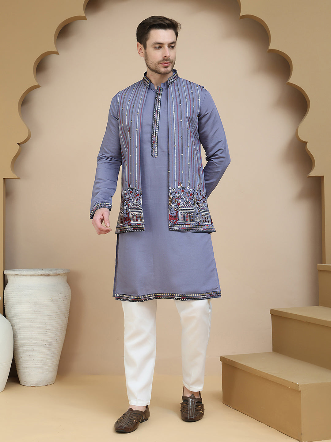 DesiQlo Men Embroidered Nehru Jacket and Kurta Pyjama S - JO purp 3