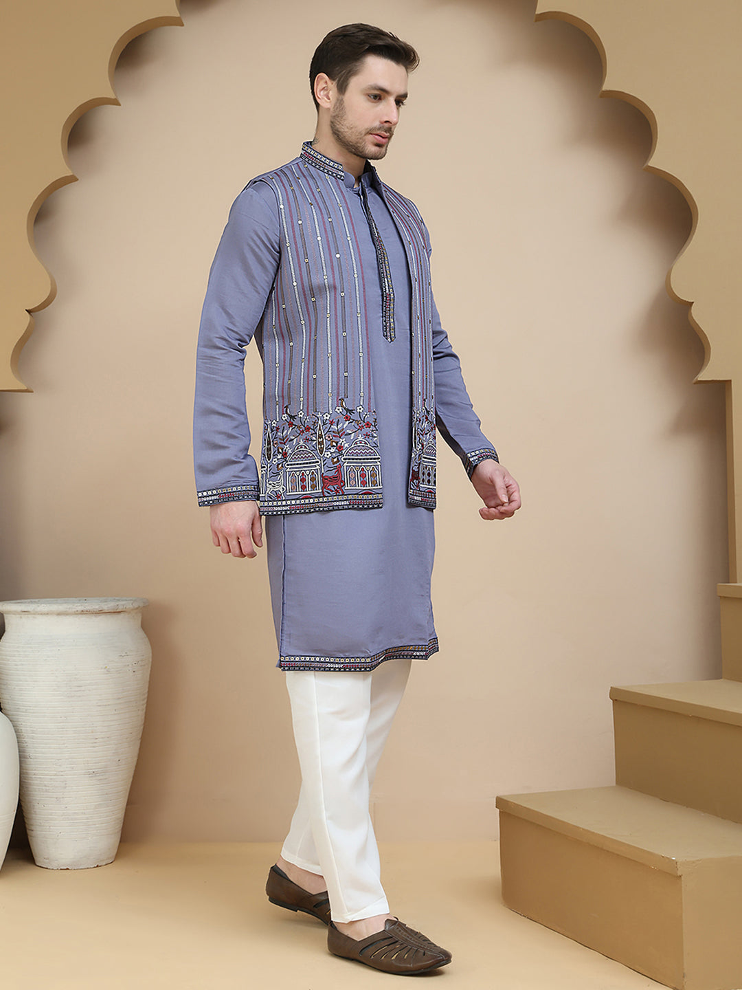 DesiQlo Men Embroidered Nehru Jacket and Kurta Pyjama S - JO purp 3