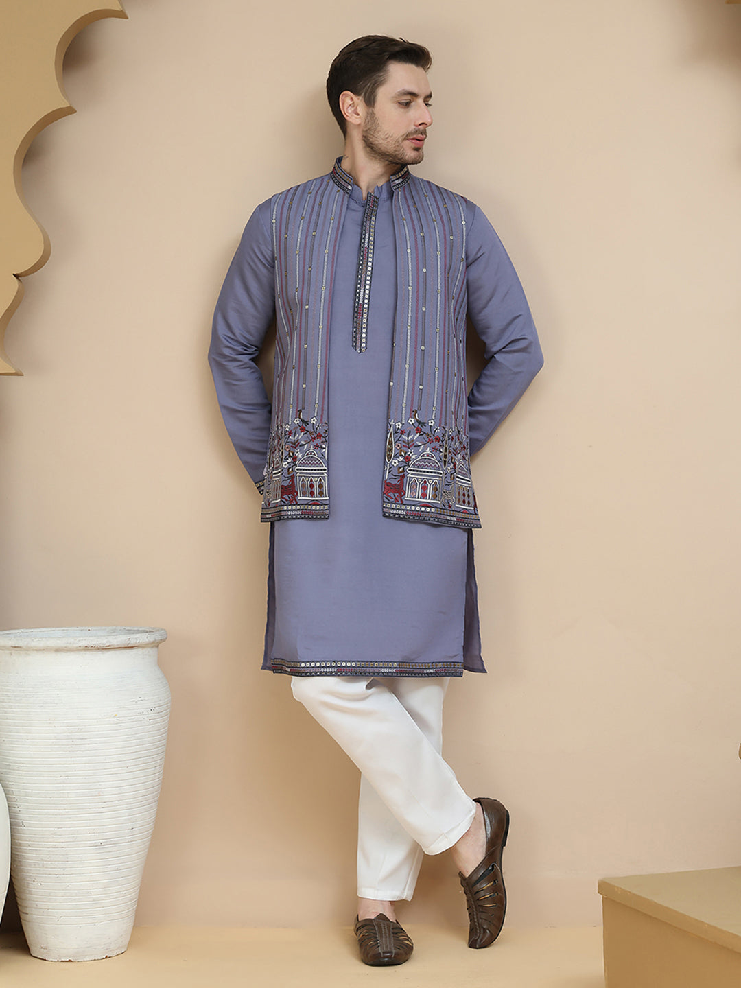 DesiQlo Men Embroidered Nehru Jacket and Kurta Pyjama S - JO purp 3