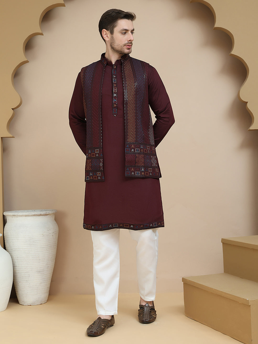 Embroidered Waistcoat and Kurta Pyjama For Men ( JOKPWCS W 5241 Maroon )
