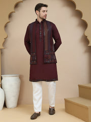 Embroidered Waistcoat and Kurta Pyjama For Men ( JOKPWCS W 5241 Maroon )