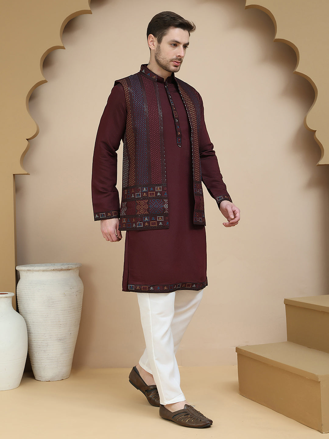 DesiQlo Men Embroidered Nehru Jacket and Kurta Pyjama S - JO maroon