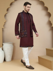 Embroidered Waistcoat and Kurta Pyjama For Men ( JOKPWCS W 5241 Maroon )