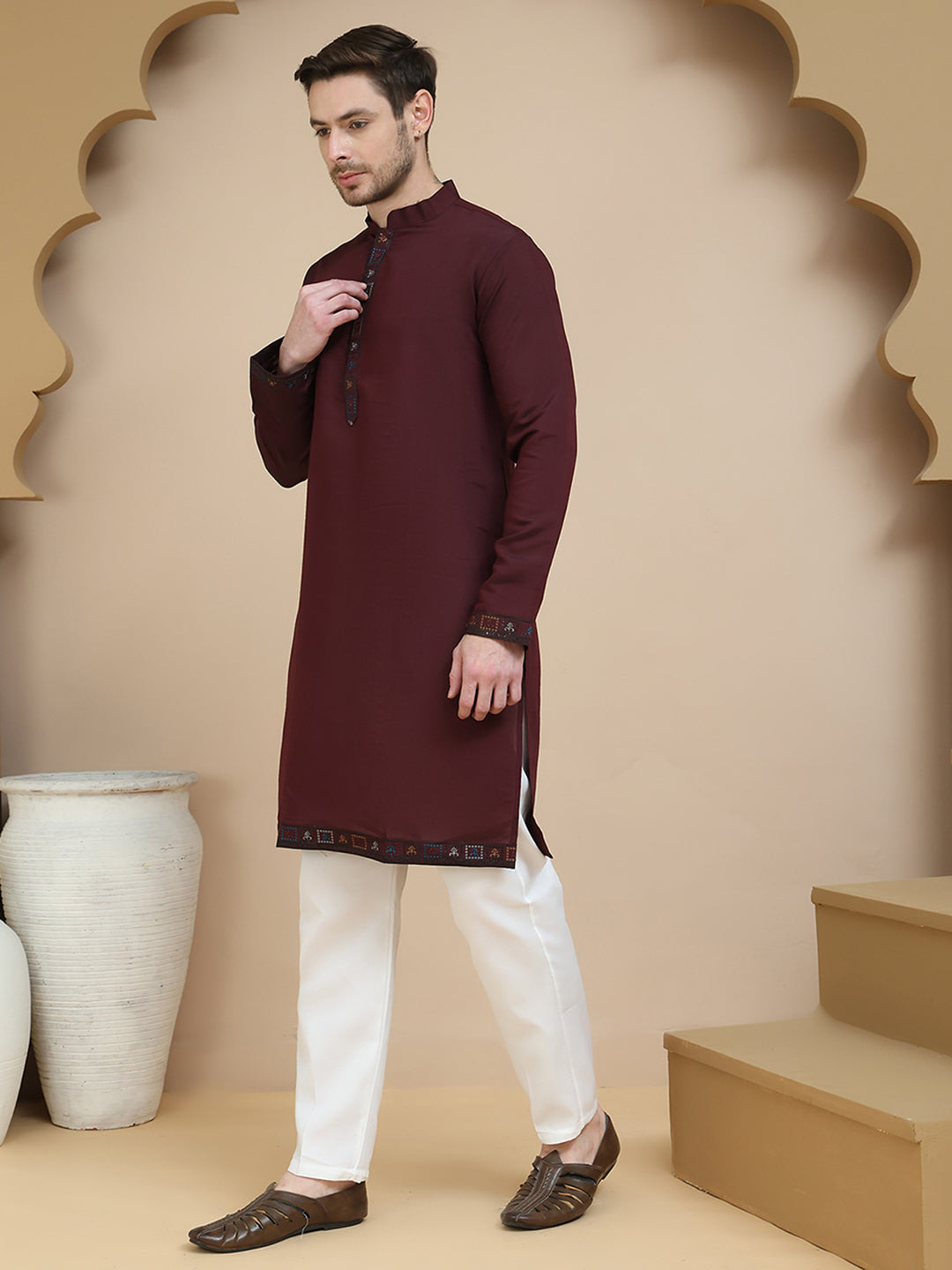 DesiQlo Men Embroidered Nehru Jacket and Kurta Pyjama S - JO maroon