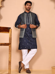 Classic Magenta Kurta Pyjama With Embroidered Waistcoat ( JOKPWCS 5262 Navy ) [FF] [N-9-11]