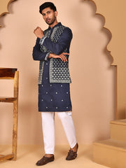 Classic Magenta Kurta Pyjama With Embroidered Waistcoat ( JOKPWCS 5262 Navy ) [FF] [N-9-11]