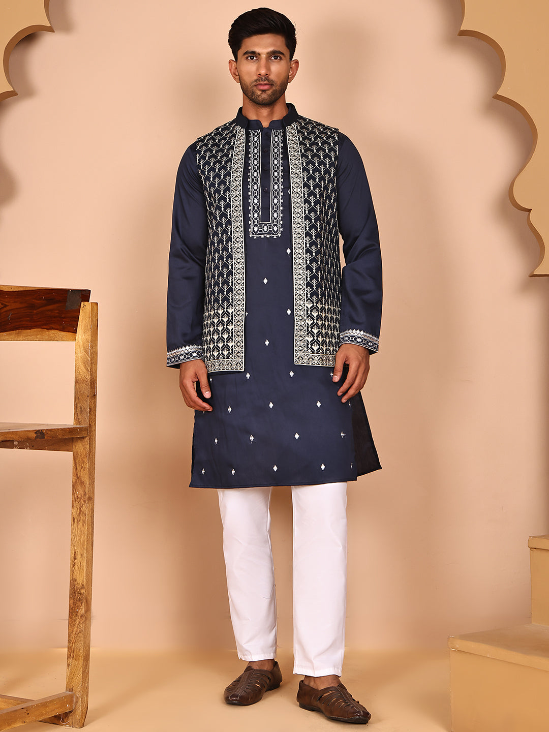 DesiQlo Men Embroidered Nehru Jacket and Kurta Pyjama S - JOKPWCS_5262