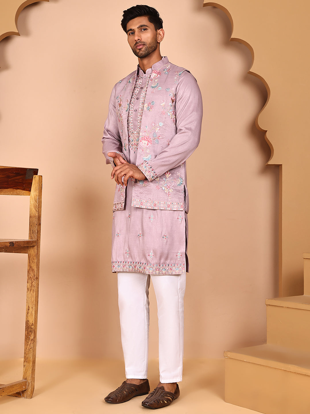 DesiQlo Men Embroidered Nehru Jacket and Kurta Pyjama S - JOKPWCS_5275