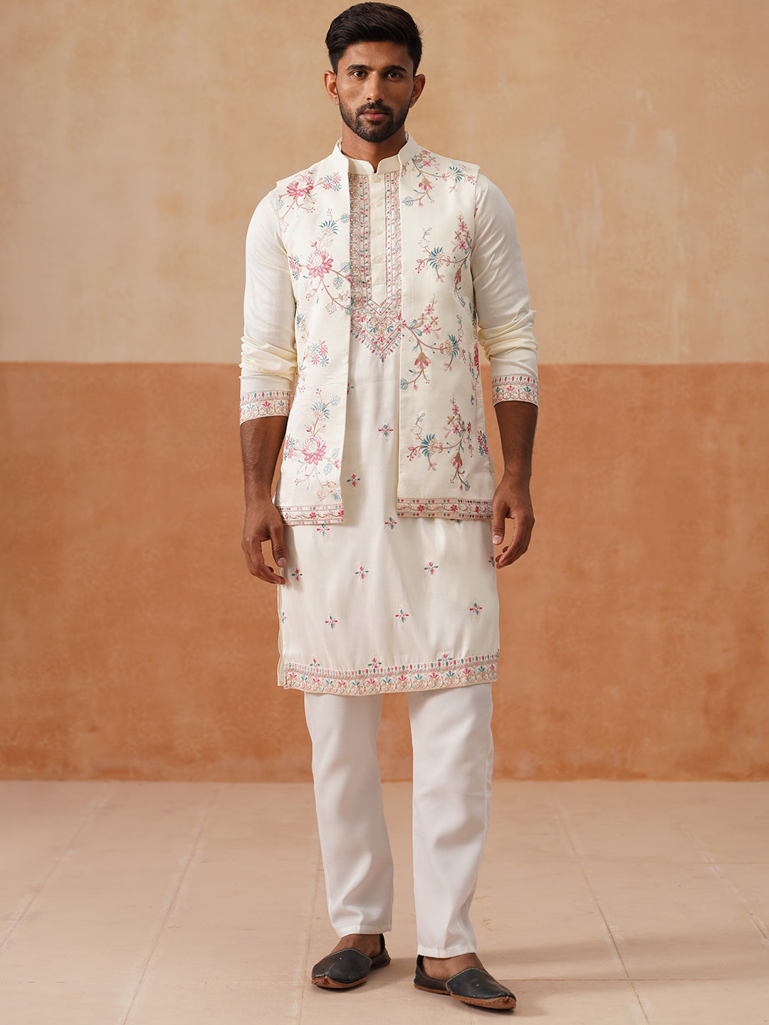 DesiQlo Men Embroidered Nehru Jacket and Kurta Pyjama S - JO 5white