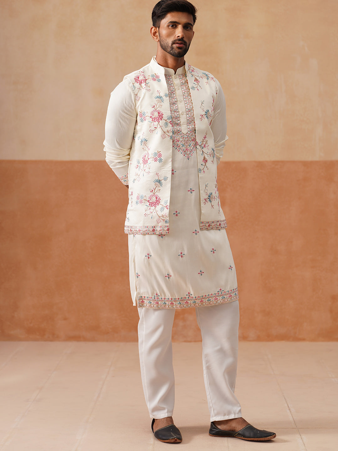DesiQlo Men Embroidered Nehru Jacket and Kurta Pyjama S - JO 5white