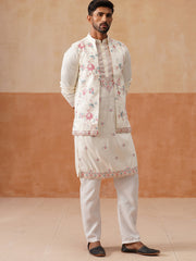Ethnic Kurta Set with Multicolor Embroidery Jacket ( JOKPWCS 5275 White ) [FF] [H-7]