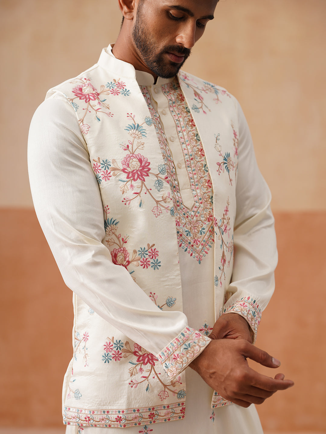 Ethnic Kurta Set with Multicolor Embroidery Jacket ( JOKPWCS 5275 White ) [FF] [H-7]