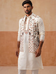 Elegant Leaf Embroidered Waistcoat with Kurta Pyjama ( JOKPWCS 5276 White ) [FF] [F-4-5]